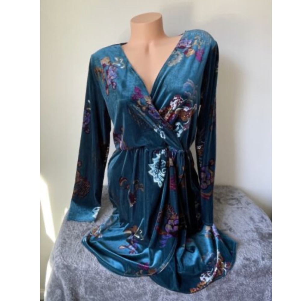 Teal Green Blue Velvet Floral Tunic Faux-Wrap Dress, Size XL